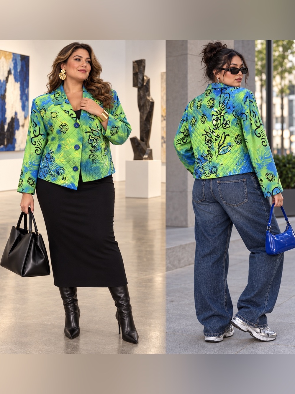 Vintage Christina Hope XL Silk Quilted Jacket Green Blue Sequin Art to Wear